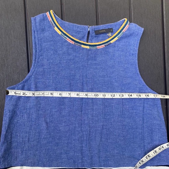 THML Embroidered Linen Denim Stripe Shirt Blouse Sleeveless Tank Top Small - Picture 5 of 6